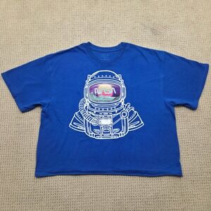 NASA Astronaut Graphic T-Shirt by Freeze Cropped Raw Hem Blue Womens Large
